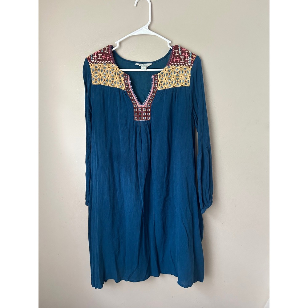 Sundance Embroidered Dress Women's Small Blue‎ Boho Peasant Long Sleeve